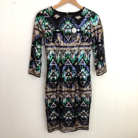 Boohoo Tall‎ Size 6 Black Colorful Aztec Southwest Design Sequined Dress Sheath - Picture 1 of 15